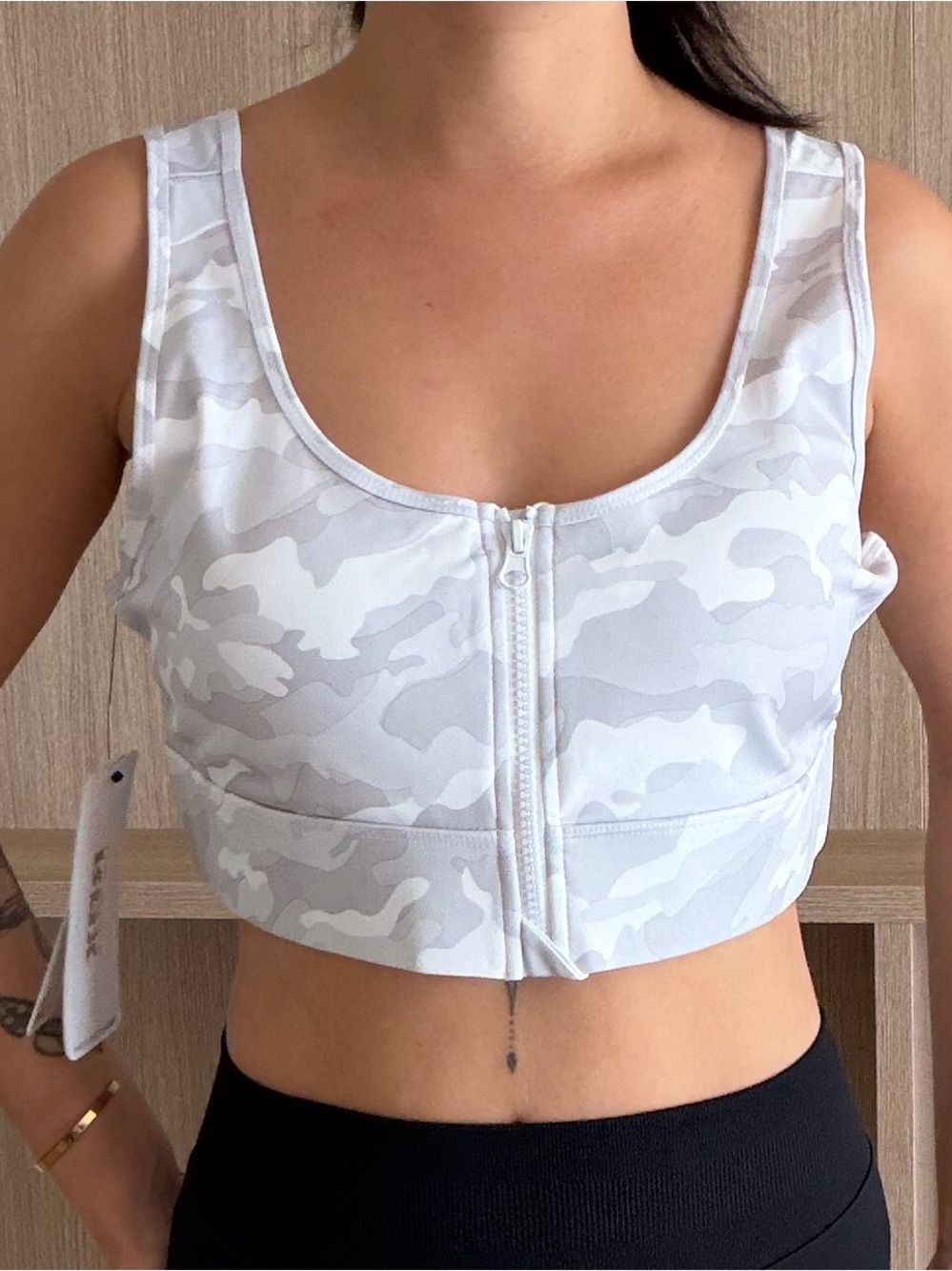 RBX Women's Front-Zip Camo Sports Bra in Light Gray and White